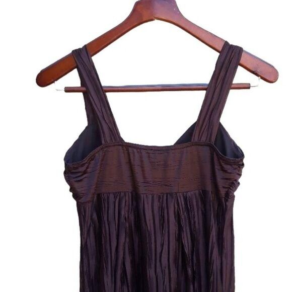 Vtg 90s Mini Dress Accordion Crinkle Pleat Empire Knot Flapper Chocolate Sz M - Picture 6 of 8